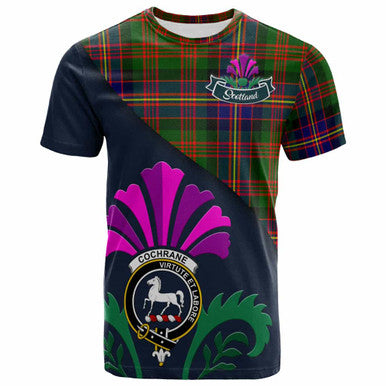 Scottish Cochrane Clan Crest Tartan T-Shirt - Scotland Thistle Style Front Side Tartan Plaid