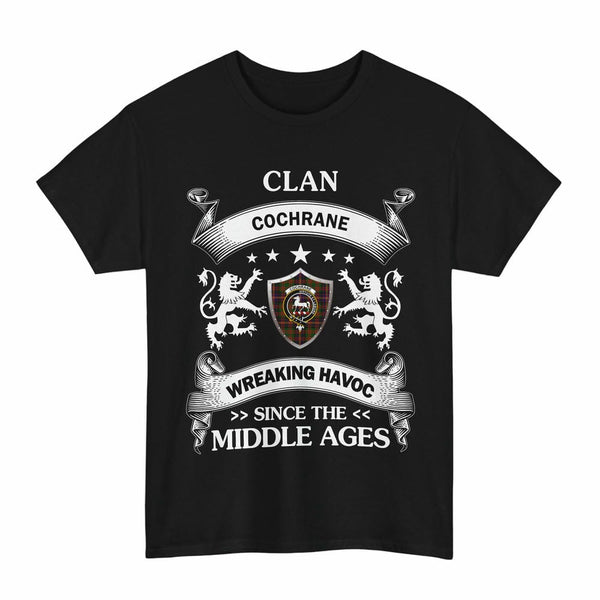 Scottish Cochrane Clan Crest Tartan T-Shirt Wreaking Havoc Design Tartan Plaid Black Color