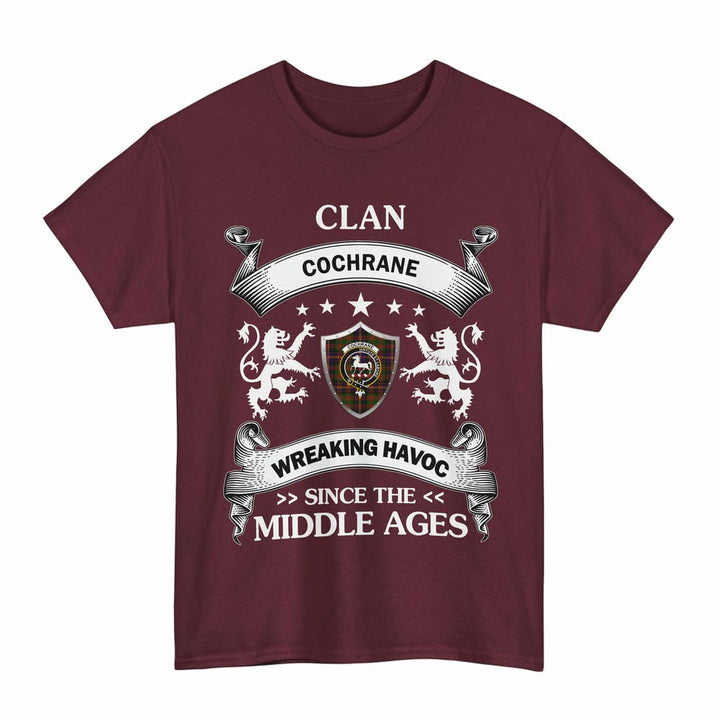 Scottish Cochrane Clan Crest Tartan T-Shirt Wreaking Havoc Design Tartan Plaid Maroon Color
