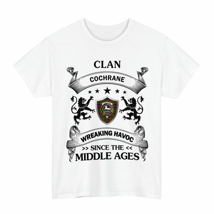 Scottish Cochrane Clan Crest Tartan T-Shirt Wreaking Havoc Design Tartan Plaid White Color