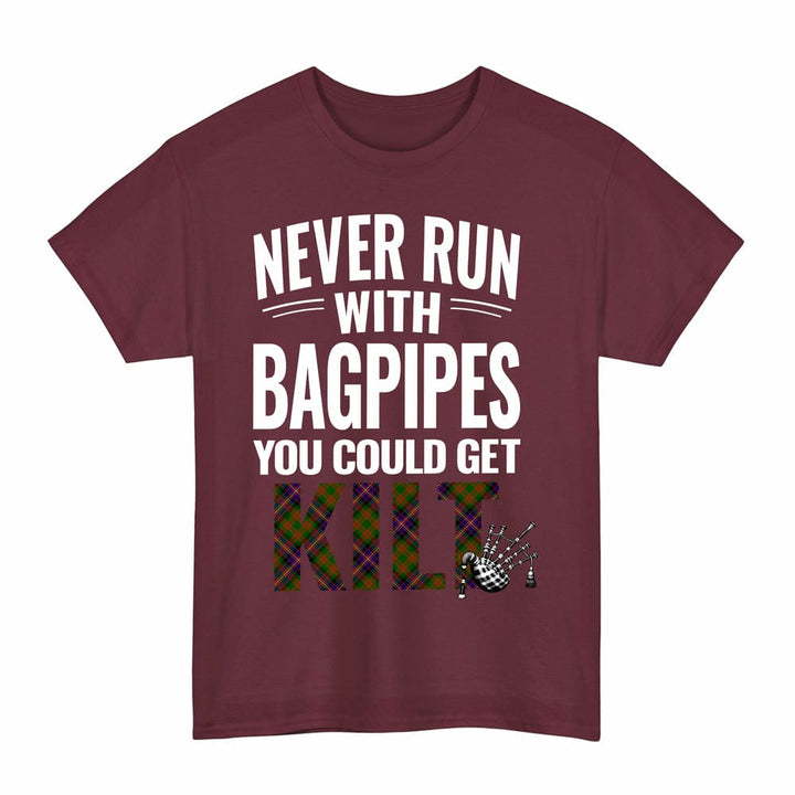 Scottish Cochrane Modern Clan Tartan Never Run With Bagpipes T-Shirt Tartan Plaid Maroon Color
