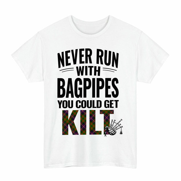 Scottish Cochrane Modern Clan Tartan Never Run With Bagpipes T-Shirt Tartan Plaid White Color