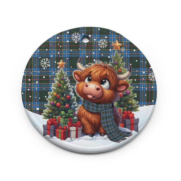 Scottish Cockburn Modern Clan Tartan Ceramic Ornament Cute Highland Cow Christmas Circle Style Tartan Plaid