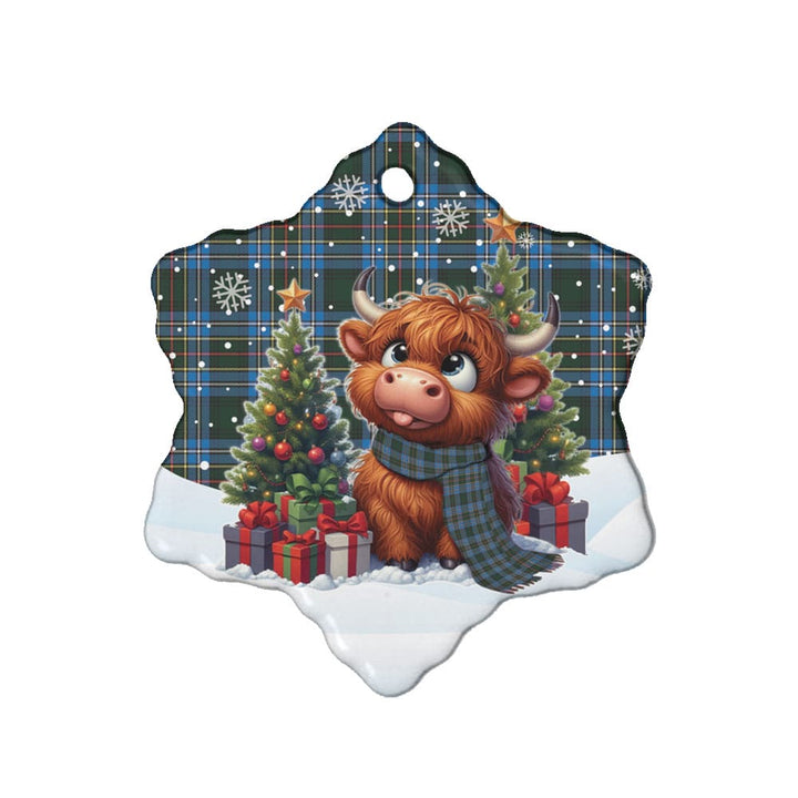 Scottish Cockburn Modern Clan Tartan Ceramic Ornament Cute Highland Cow Christmas Snow Flake Style Tartan Plaid