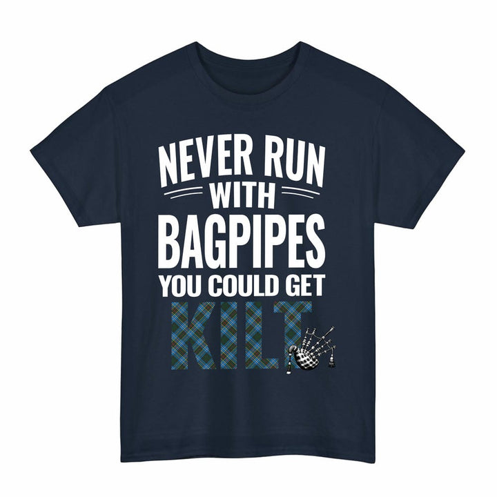 Scottish Cockburn Modern Clan Tartan Never Run With Bagpipes T-Shirt Tartan Plaid Navy Color