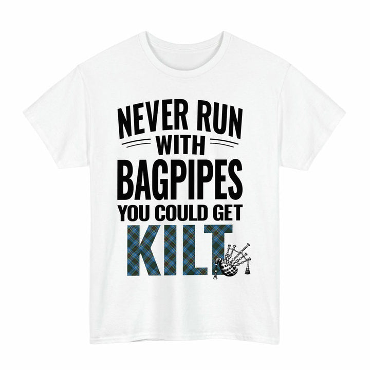 Scottish Cockburn Modern Clan Tartan Never Run With Bagpipes T-Shirt Tartan Plaid White Color