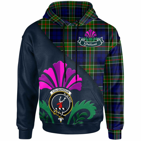 Scottish Colquhoun Clan Crest Tartan Hoodie - Scotland Thistle Style Front Side Tartan Plaid
