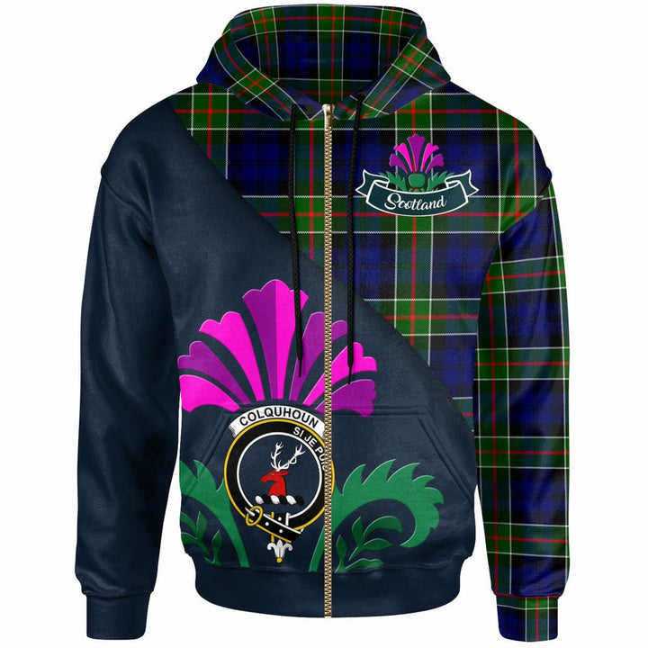 Scottish Colquhoun Clan Crest Tartan Hoodie - Scotland Thistle Style Zip-up Tartan Plaid
