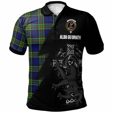 Scottish Colquhoun Clan Crest Tartan Polo Shirt - Lion Rampant Celtic Cross Flash Style Front Side Tartan Plaid