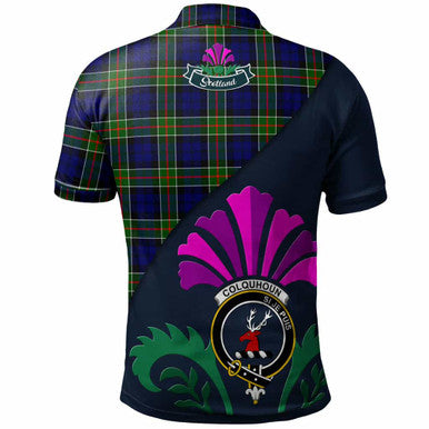Scottish Colquhoun Clan Crest Tartan Polo Shirt - Scotland Thistle Style Back Side Tartan Plaid