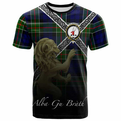 Scottish Colquhoun Clan Crest Tartan T-Shirt - Celtic With Scotland Lion Front Side Tartan Plaid