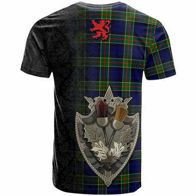 Scottish Colquhoun Clan Crest Tartan T-Shirt - Half Thistle Flowers Celtic Design Back Side Tartan Plaid