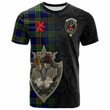 Scottish Colquhoun Clan Crest Tartan T-Shirt - Half Thistle Flowers Celtic Design Front Side Tartan Plaid