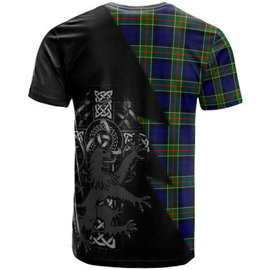 Scottish Colquhoun Clan Crest Tartan T-Shirt - Lion Rampant Celtic Cross Flash Style Back Side Tartan Plaid