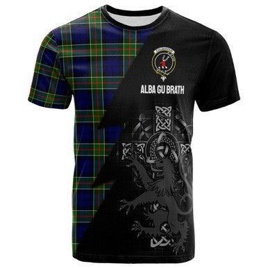 Scottish Colquhoun Clan Crest Tartan T-Shirt - Lion Rampant Celtic Cross Flash Style Front Side Tartan Plaid