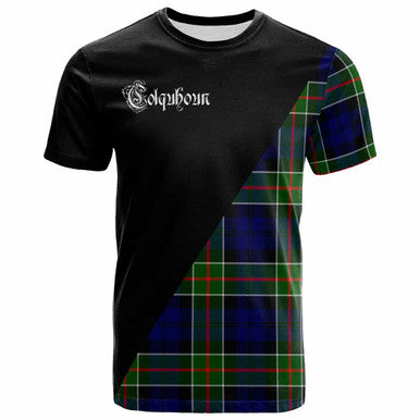 Scottish Colquhoun Clan Crest Tartan T-Shirt - Military Logo Front Side Tartan Plaid