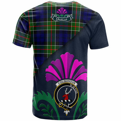 Scottish Colquhoun Clan Crest Tartan T-Shirt - Scotland Thistle Style Back Side Tartan Plaid