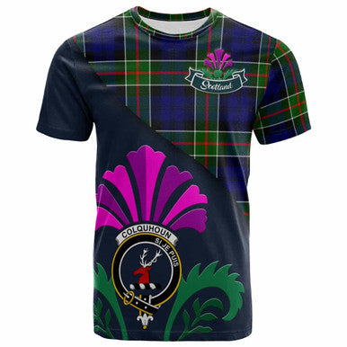Scottish Colquhoun Clan Crest Tartan T-Shirt - Scotland Thistle Style Front Side Tartan Plaid