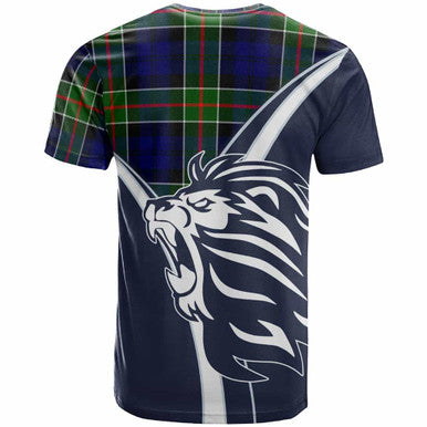 Scottish Colquhoun Clan Crest Tartan T-Shirt - Scottish Flag With Lion Back Side Tartan Plaid