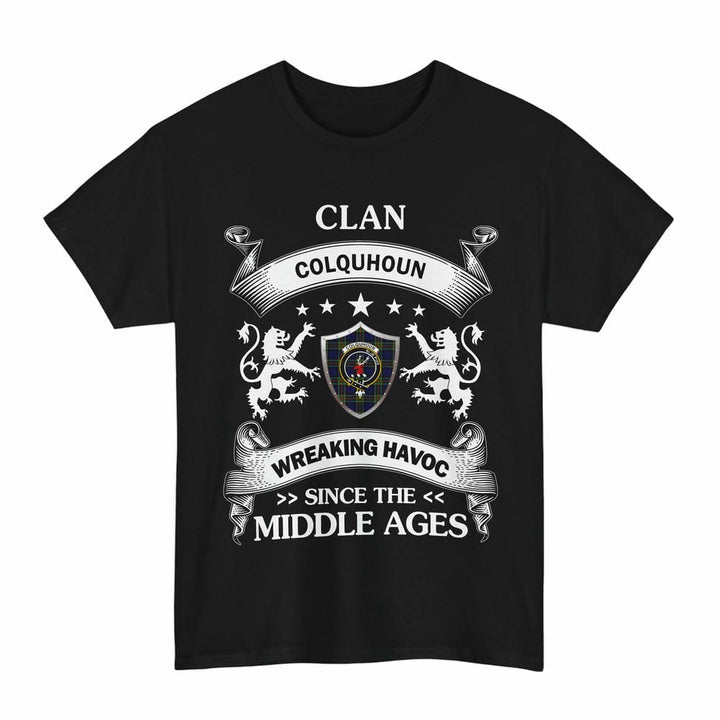 Scottish Colquhoun Clan Crest Tartan T-Shirt Wreaking Havoc Design Tartan Plaid Black Color