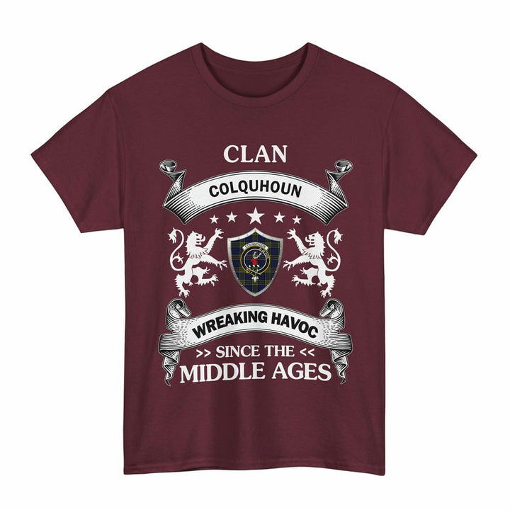 Scottish Colquhoun Clan Crest Tartan T-Shirt Wreaking Havoc Design Tartan Plaid Maroon Color