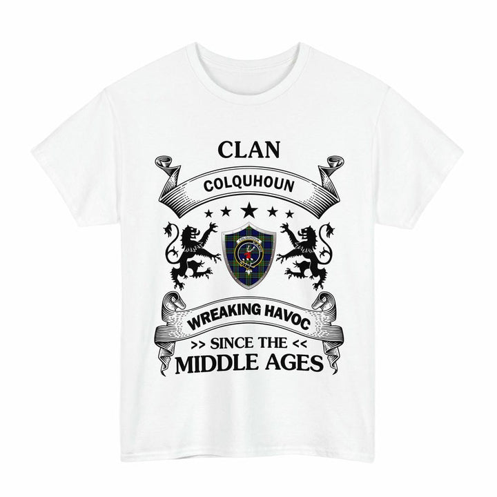 Scottish Colquhoun Clan Crest Tartan T-Shirt Wreaking Havoc Design Tartan Plaid White Color