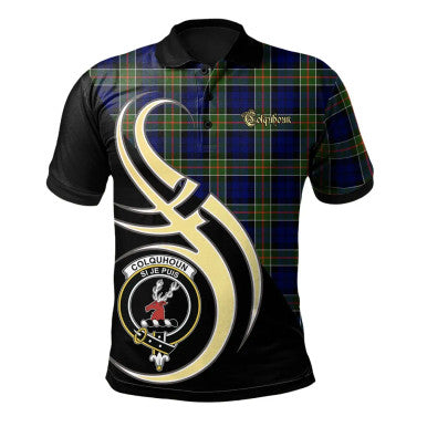 Scottish Colquhoun Modern Clan Crest Tartan Polo Shirt Believe in Me Front Side Tartan Plaid