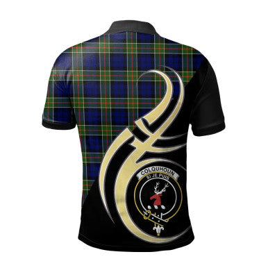 Scottish Colquhoun Modern Clan Crest Tartan Polo Shirt Believe in Me Back Side Tartan Plaid