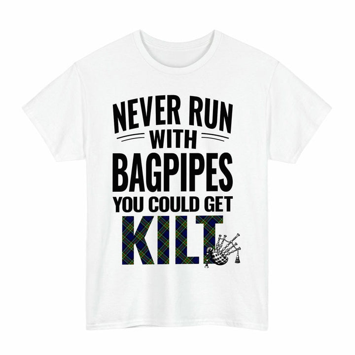 Scottish Colquhoun Modern Clan Tartan Never Run With Bagpipes T-Shirt Tartan Plaid White Color
