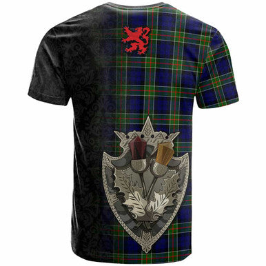 Scottish Colquhoun Modern Clan Tartan T-Shirt - Half Thistle Flowers Celtic Design Back Side Tartan Plaid