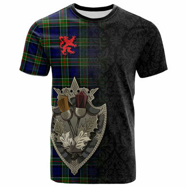 Scottish Colquhoun Modern Clan Tartan T-Shirt - Half Thistle Flowers Celtic Design Front Side Tartan Plaid