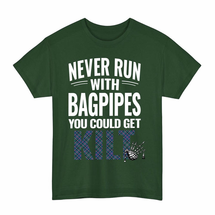 Scottish Cooper Ancient Clan Tartan Never Run With Bagpipes T-Shirt Tartan Plaid Forest Green Color