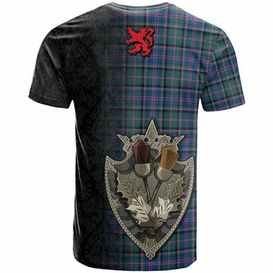 Scottish Cooper Ancient Clan Tartan T-Shirt - Half Thistle Flowers Celtic Design Back Side Tartan Plaid