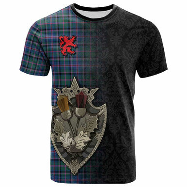 Scottish Cooper Ancient Clan Tartan T-Shirt - Half Thistle Flowers Celtic Design Front Side Tartan Plaid