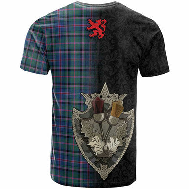 Scottish Cooper Clan Crest Tartan T-Shirt - Half Thistle Flowers Celtic Design Back Side Tartan Plaid