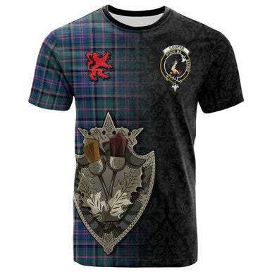 Scottish Cooper Clan Crest Tartan T-Shirt - Half Thistle Flowers Celtic Design Front Side Tartan Plaid