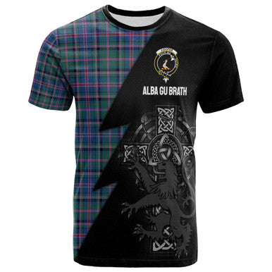 Scottish Cooper Clan Crest Tartan T-Shirt - Lion Rampant Celtic Cross Flash Style Front Side Tartan Plaid