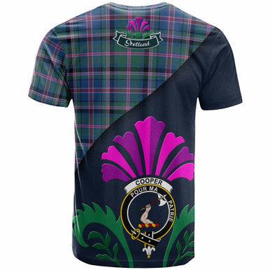 Scottish Cooper Clan Crest Tartan T-Shirt - Scotland Thistle Style Back Side Tartan Plaid