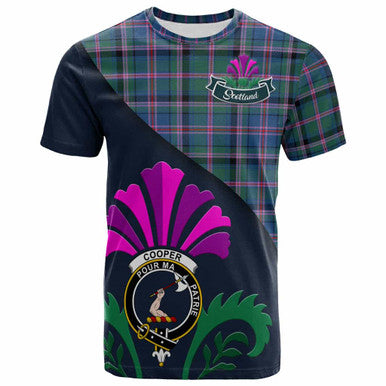 Scottish Cooper Clan Crest Tartan T-Shirt - Scotland Thistle Style Front Side Tartan Plaid