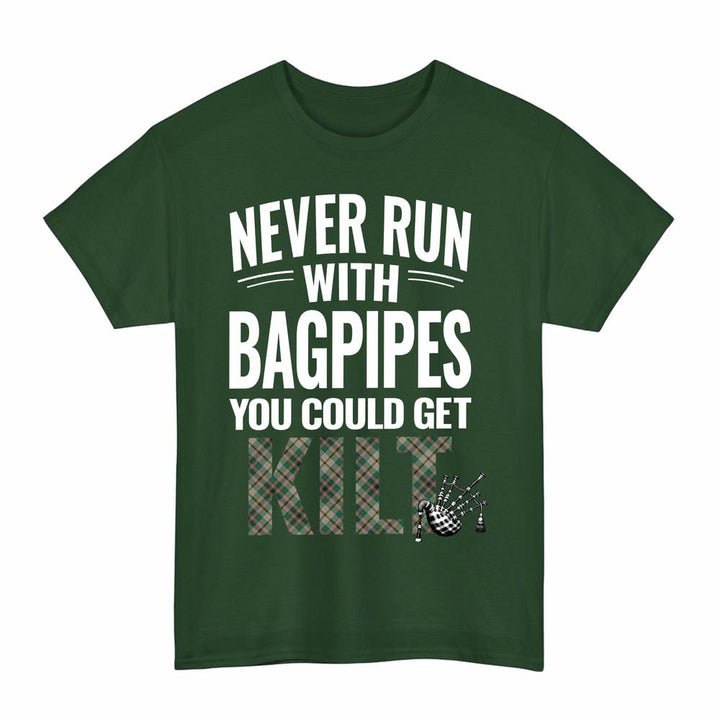 Scottish Craig Ancient Clan Tartan Never Run With Bagpipes T-Shirt Tartan Plaid Forest Green Color