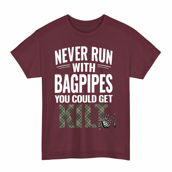 Scottish Craig Ancient Clan Tartan Never Run With Bagpipes T-Shirt Tartan Plaid Maroon Color