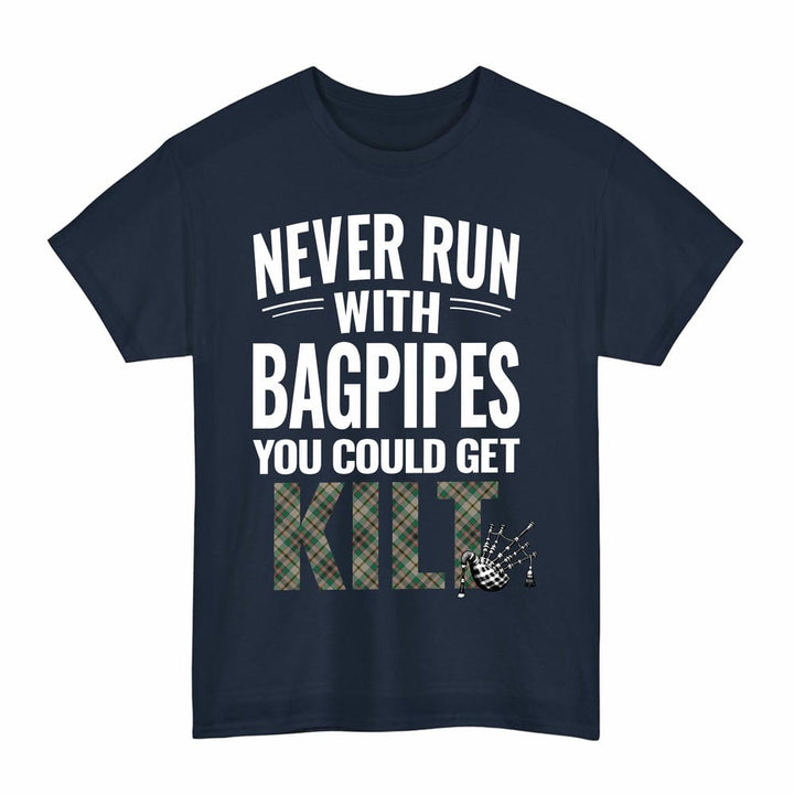 Scottish Craig Ancient Clan Tartan Never Run With Bagpipes T-Shirt Tartan Plaid Navy Color