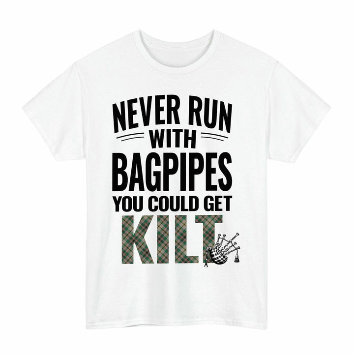 Scottish Craig Ancient Clan Tartan Never Run With Bagpipes T-Shirt Tartan Plaid White Color