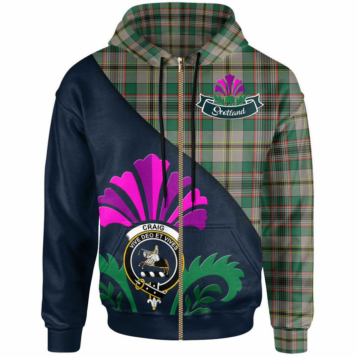Scottish Craig Clan Crest Tartan Hoodie - Scotland Thistle Style Zip-up Tartan Plaid