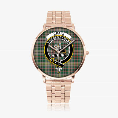 Scottish Craig Clan Crest Tartan Instafamous Steel Quartz Watches Tartan Plaid Rose Gold 1