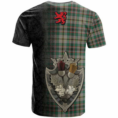 Scottish Craig Clan Crest Tartan T-Shirt - Half Thistle Flowers Celtic Design Back Side Tartan Plaid