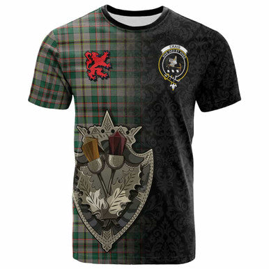 Scottish Craig Clan Crest Tartan T-Shirt - Half Thistle Flowers Celtic Design Front Side Tartan Plaid