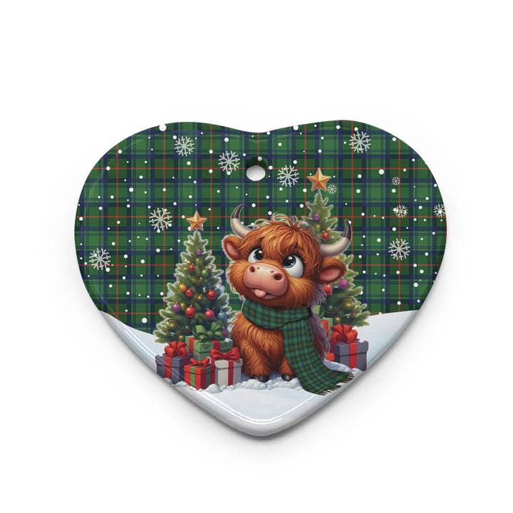 Scottish Cranstoun Clan Tartan Ceramic Ornament Cute Highland Cow Christmas Heart Style Tartan Plaid