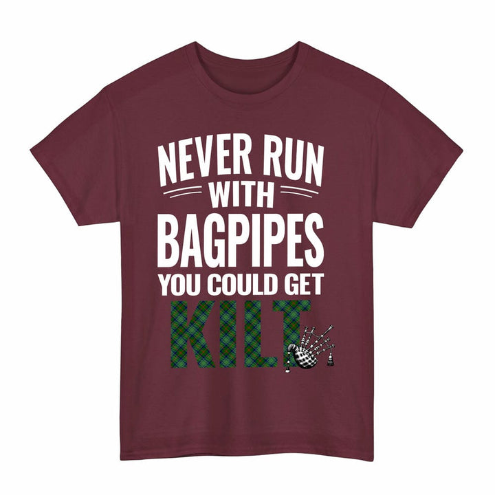 Scottish Cranstoun Clan Tartan Never Run With Bagpipes T-Shirt Tartan Plaid Maroon Color