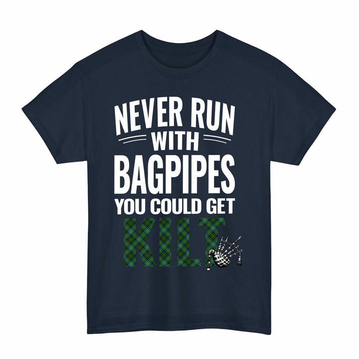 Scottish Cranstoun Clan Tartan Never Run With Bagpipes T-Shirt Tartan Plaid Navy Color